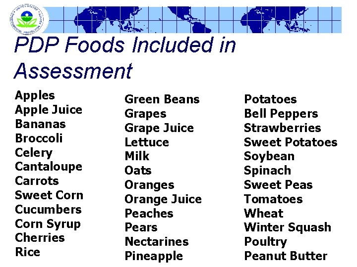 PDP Foods Included in Assessment Apples Apple Juice Bananas Broccoli Celery Cantaloupe Carrots Sweet