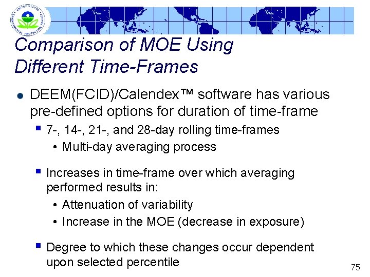 Comparison of MOE Using Different Time-Frames DEEM(FCID)/Calendex™ software has various pre-defined options for duration