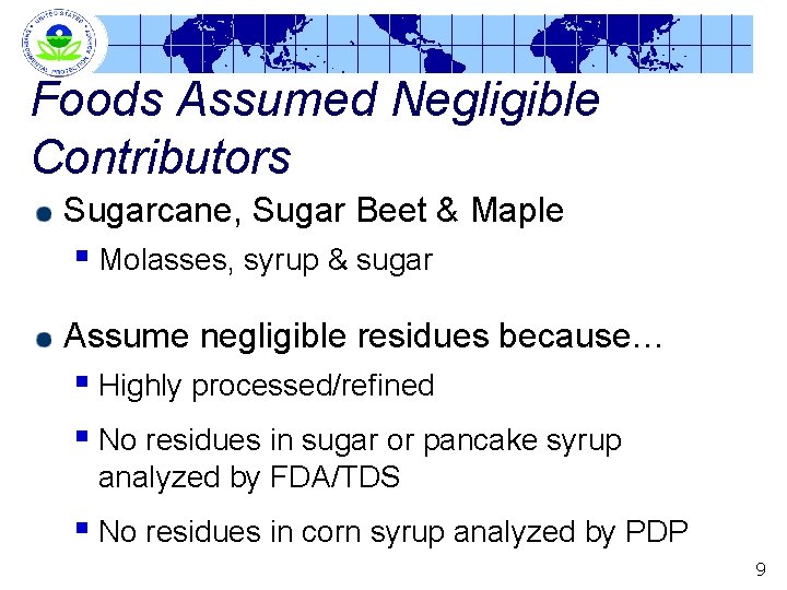 Foods Assumed Negligible Contributors Sugarcane, Sugar Beet & Maple § Molasses, syrup & sugar