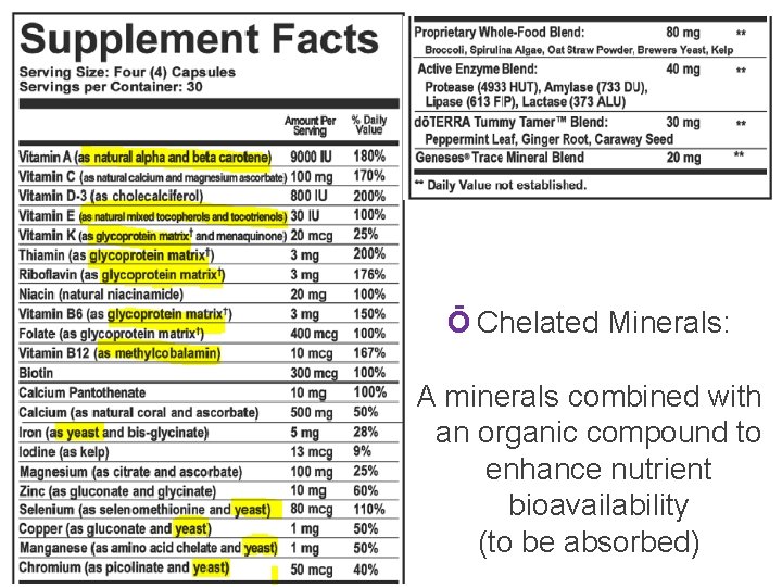 Ō Chelated Minerals: A minerals combined with an organic compound to enhance nutrient bioavailability