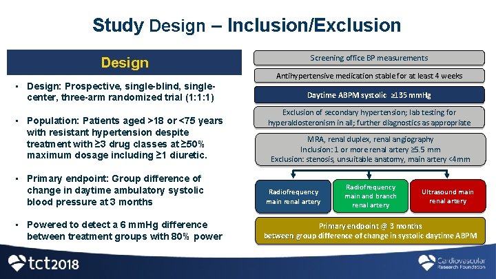 Study Design – Inclusion/Exclusion Design • Design: Prospective, single-blind, singlecenter, three-arm randomized trial (1: