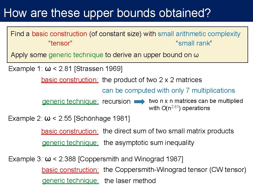 How are these upper bounds obtained? Find a basic construction (of constant size) with