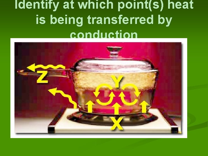 Identify at which point(s) heat is being transferred by conduction 