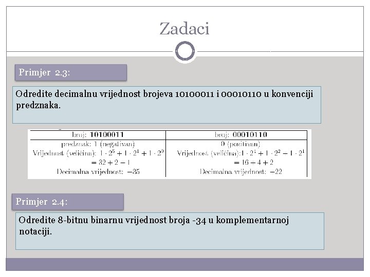 Zadaci Primjer 2. 3: Odredite decimalnu vrijednost brojeva 10100011 i 00010110 u konvenciji predznaka.