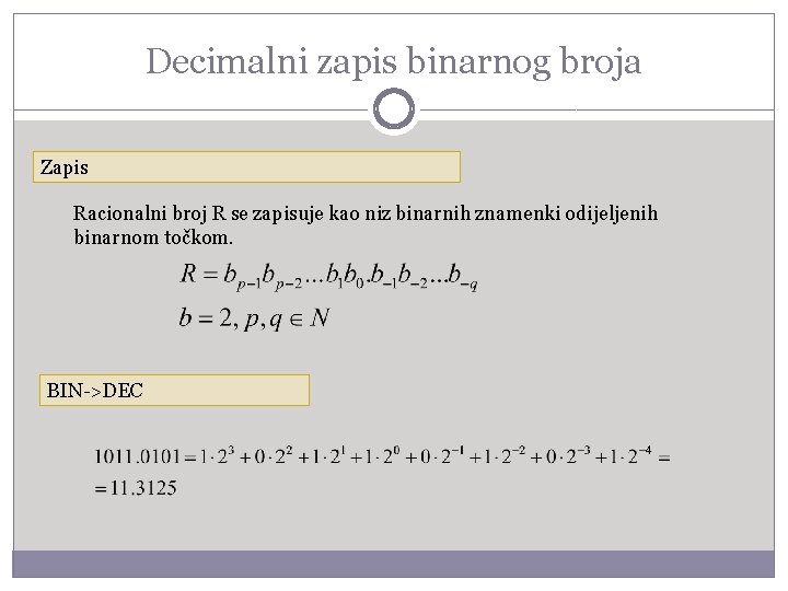 Decimalni zapis binarnog broja Zapis Racionalni broj R se zapisuje kao niz binarnih znamenki