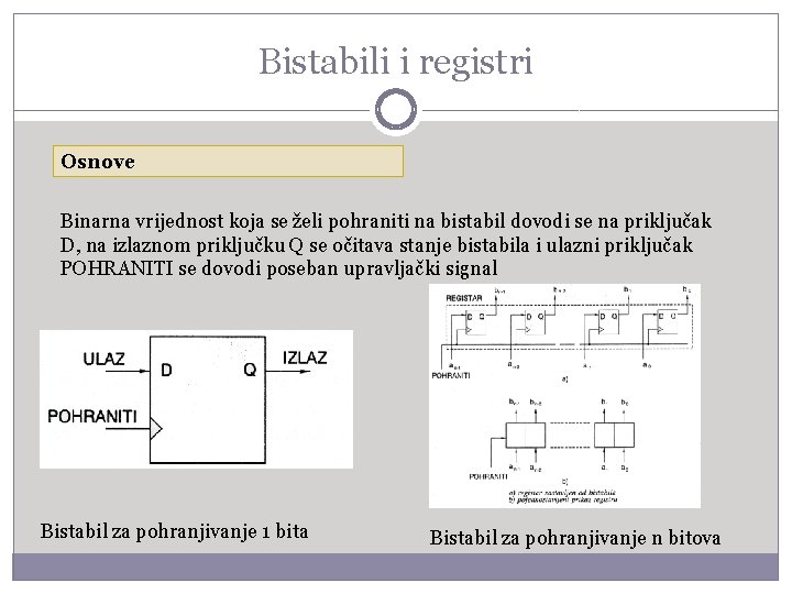 Bistabili i registri Osnove Binarna vrijednost koja se želi pohraniti na bistabil dovodi se