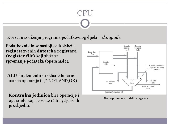 CPU Koraci u izvršenju programa podatkovnog dijela – datapath. Podatkovni dio se sastoji od