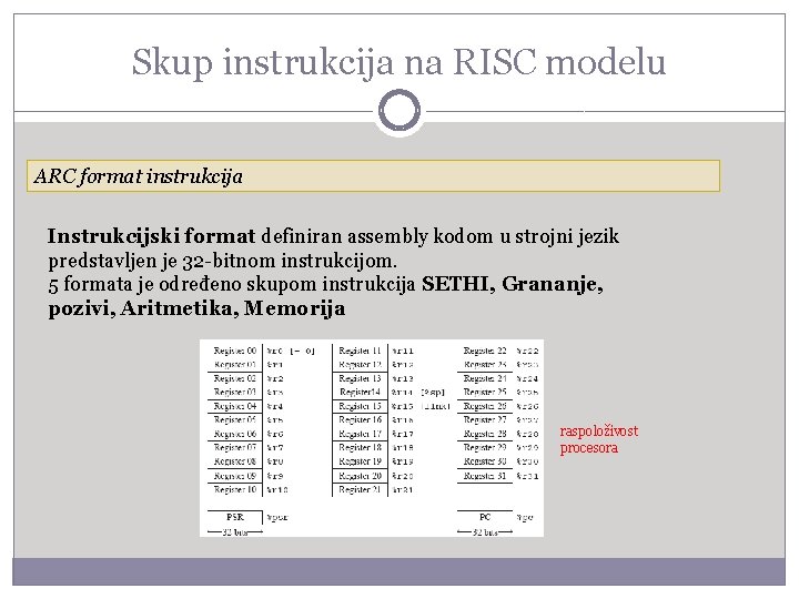 Skup instrukcija na RISC modelu ARC format instrukcija Instrukcijski format definiran assembly kodom u
