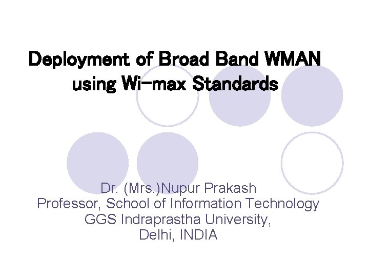 Deployment of Broad Band WMAN using Wi-max Standards Dr. (Mrs. )Nupur Prakash Professor, School