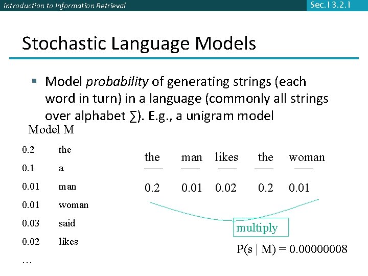 Sec. 13. 2. 1 Introduction to Information Retrieval Stochastic Language Models § Model probability