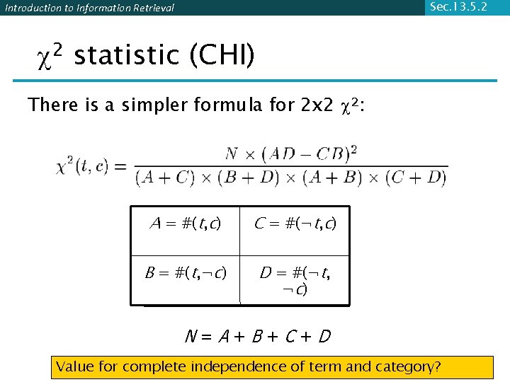 Sec. 13. 5. 2 Introduction to Information Retrieval 2 statistic (CHI) There is a