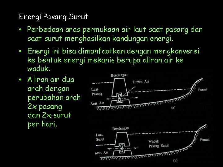 Energi Pasang Surut • Perbedaan aras permukaan air laut saat pasang dan saat surut