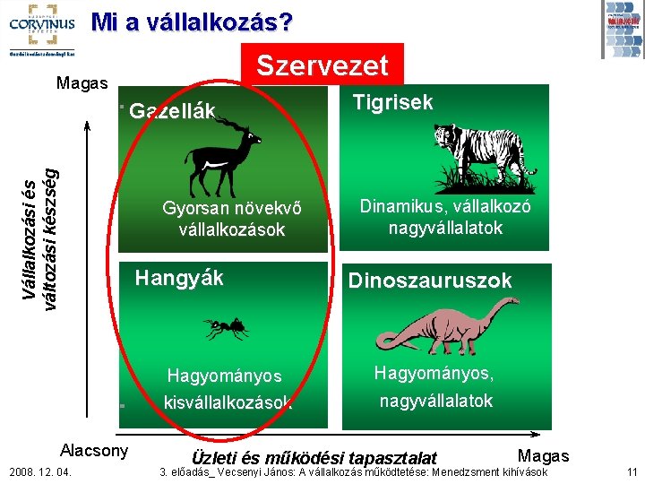 Mi a vállalkozás? Szervezet Magas Vállalkozási és változási készség Gazellák Gyorsan növekvő vállalkozások Hangyák