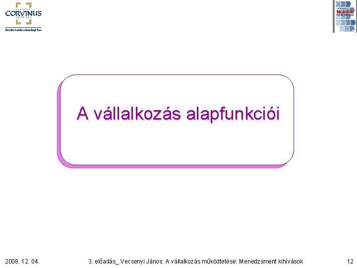 A vállalkozás alapfunkciói 2008. 12. 04. 3. előadás_ Vecsenyi János: A vállalkozás működtetése: Menedzsment