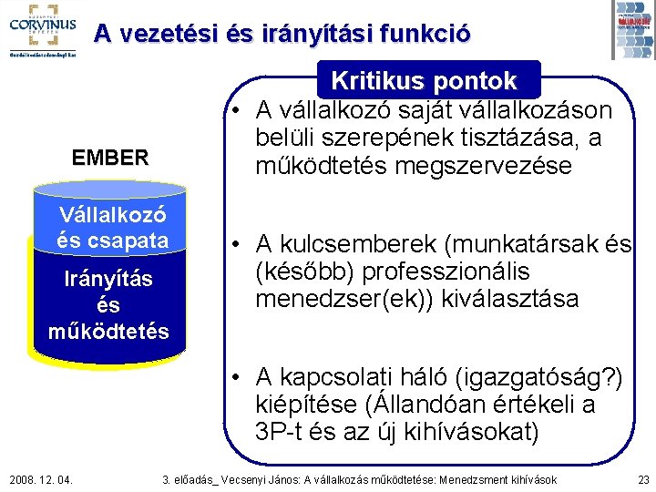 A vezetési és irányítási funkció Kritikus pontok • A vállalkozó saját vállalkozáson belüli szerepének