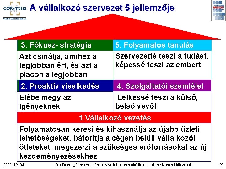 A vállalkozó szervezet 5 jellemzője 3. Fókusz- stratégia Azt csinálja, amihez a legjobban ért,