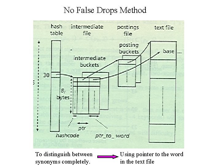 No False Drops Method To distinguish between synonyms completely. Using pointer to the word