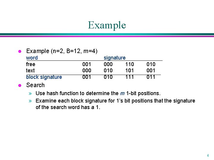 Example l Example (n=2, B=12, m=4) word free text block signature l 001 000