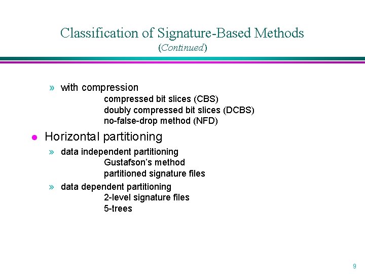 Classification of Signature-Based Methods (Continued) » with compression compressed bit slices (CBS) doubly compressed