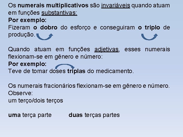 Os numerais multiplicativos são invariáveis quando atuam em funções substantivas: Por exemplo: Fizeram o