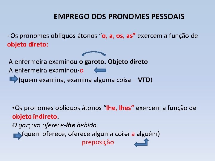 EMPREGO DOS PRONOMES PESSOAIS • Os pronomes oblíquos átonos “o, a, os, as” exercem