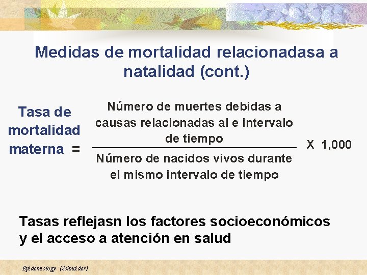 Medidas de mortalidad relacionadasa a natalidad (cont. ) Tasa de mortalidad materna = Número