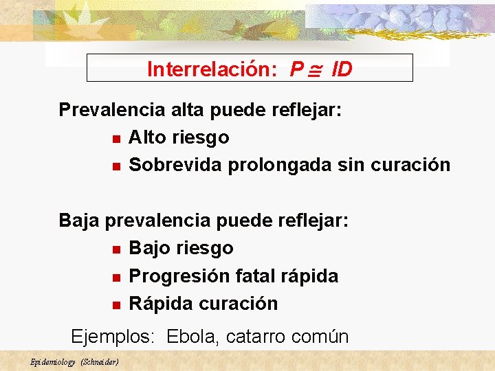 Interrelación: P ID Prevalencia alta puede reflejar: n Alto riesgo n Sobrevida prolongada sin