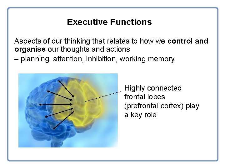 Executive Functions Aspects of our thinking that relates to how we control and organise