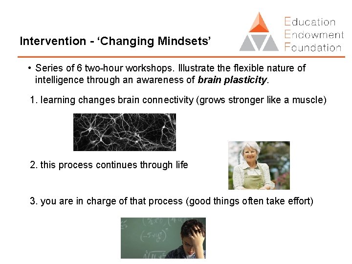 Intervention - ‘Changing Mindsets’ • Series of 6 two-hour workshops. Illustrate the flexible nature