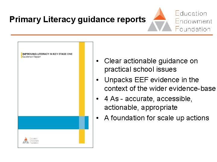 Primary Literacy guidance reports • Clear actionable guidance on practical school issues • Unpacks