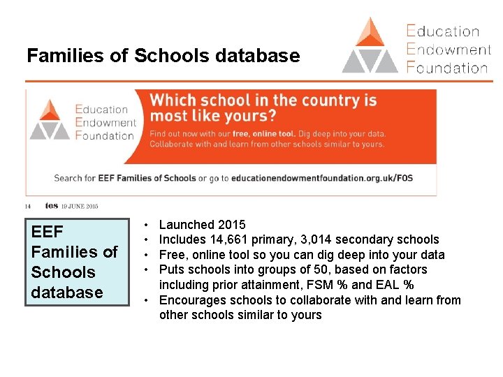 Families of Schools database EEF Families of Schools database • • Launched 2015 Includes