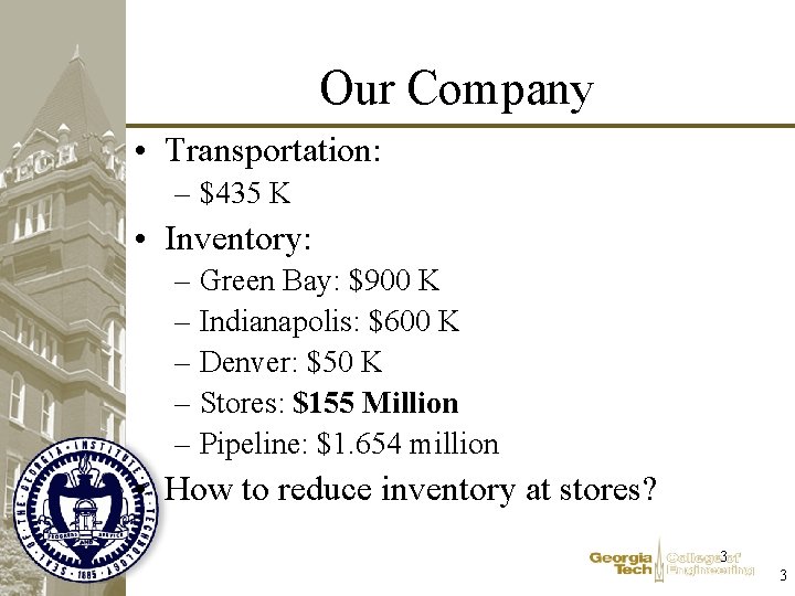 Our Company • Transportation: – $435 K • Inventory: – Green Bay: $900 K Our Company • Transportation: – $435 K • Inventory: – Green Bay: $900 K