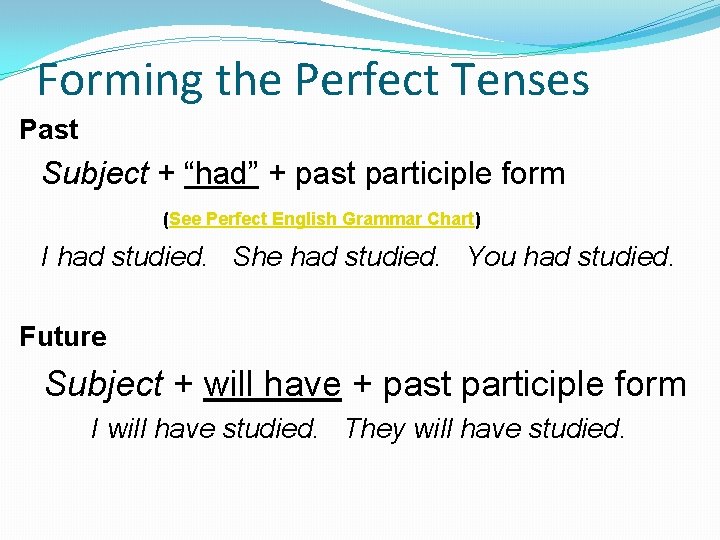 Forming the Perfect Tenses Past Subject + “had” + past participle form (See Perfect