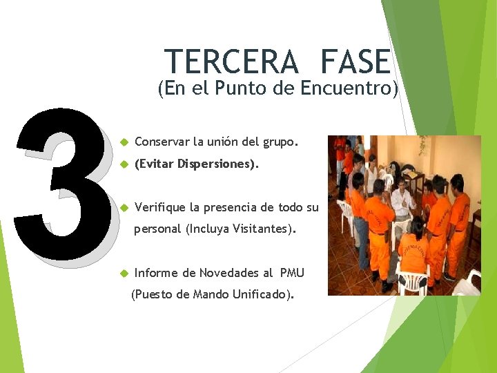 3 TERCERA FASE (En el Punto de Encuentro) Conservar la unión del grupo. (Evitar