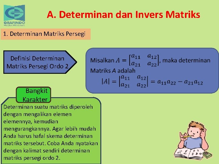 A. Determinan dan Invers Matriks 1. Determinan Matriks Persegi Definisi Determinan Matriks Persegi Ordo