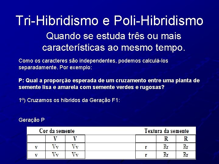 Tri-Hibridismo e Poli-Hibridismo Quando se estuda três ou mais características ao mesmo tempo. Como