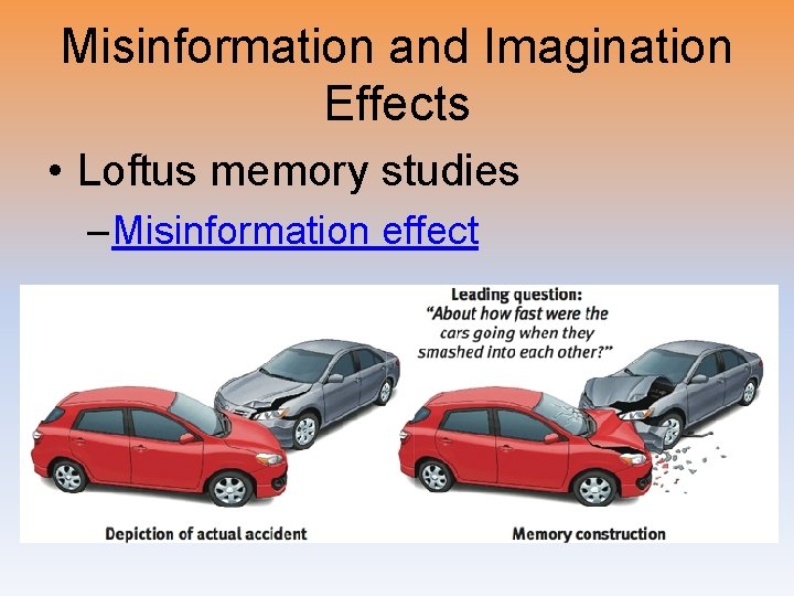 Misinformation and Imagination Effects • Loftus memory studies – Misinformation effect 
