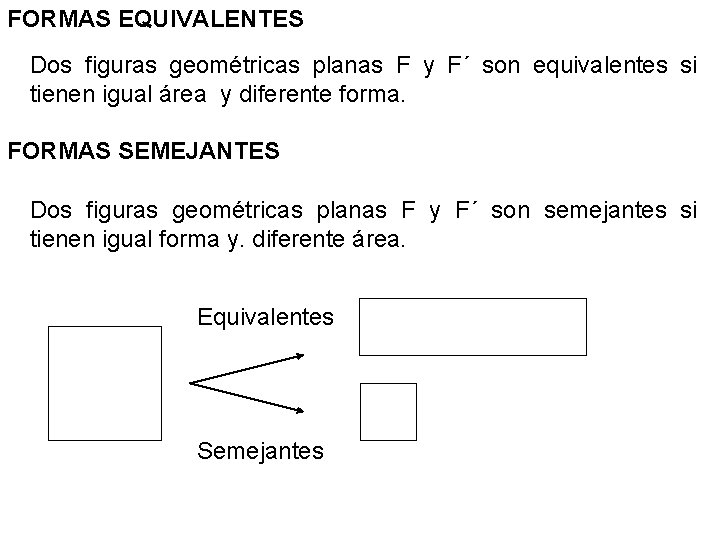 FORMAS EQUIVALENTES Dos figuras geométricas planas F y F´ son equivalentes si tienen igual