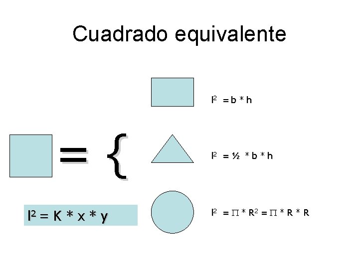 Cuadrado equivalente l 2 = b * h l 2 = ={ l 2 Cuadrado equivalente l 2 = b * h l 2 = ={ l 2