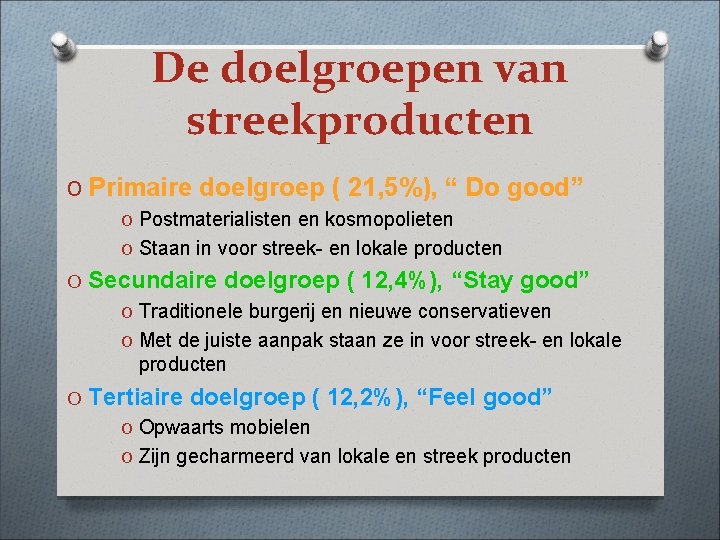 De doelgroepen van streekproducten O Primaire doelgroep ( 21, 5%), “ Do good” O