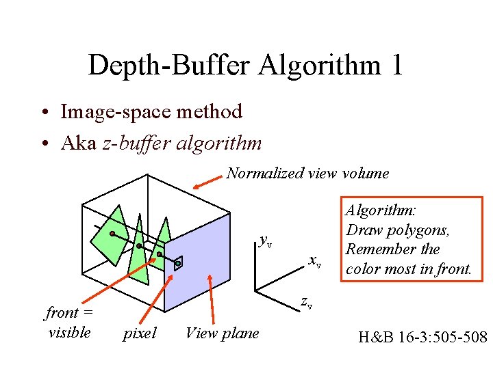 Depth-Buffer Algorithm 1 • Image-space method • Aka z-buffer algorithm Normalized view volume yv