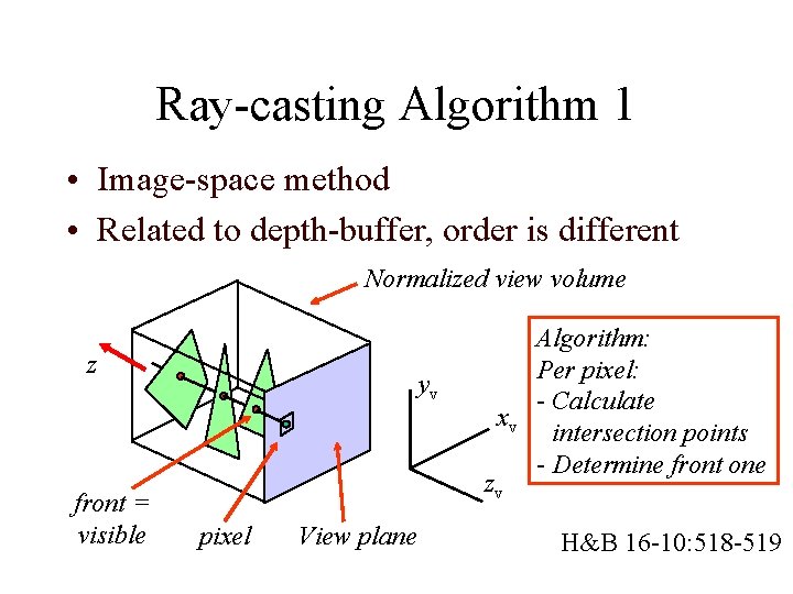 Ray-casting Algorithm 1 • Image-space method • Related to depth-buffer, order is different Normalized