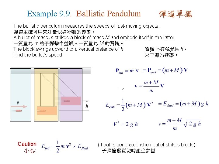 Example 9. 9. Ballistic Pendulum 彈道單擺 The ballistic pendulum measures the speeds of fast-moving