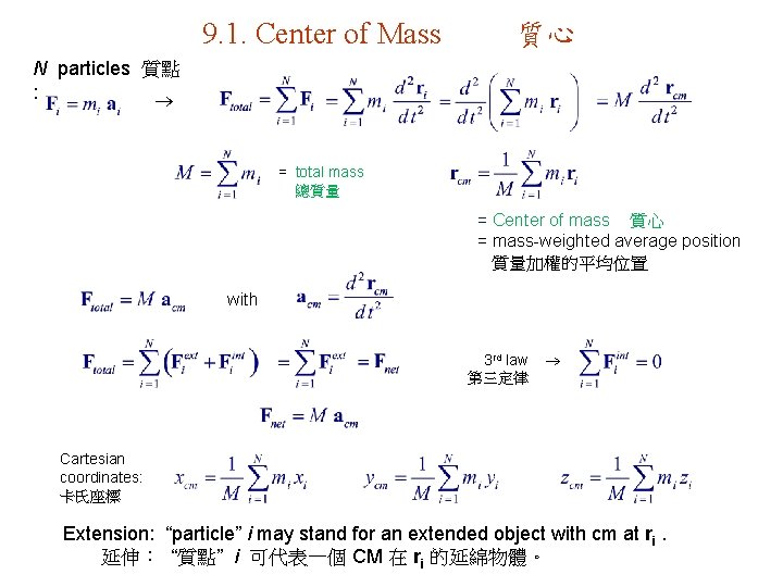 9. 1. Center of Mass 質心 N particles 質點 : = total mass 總質量