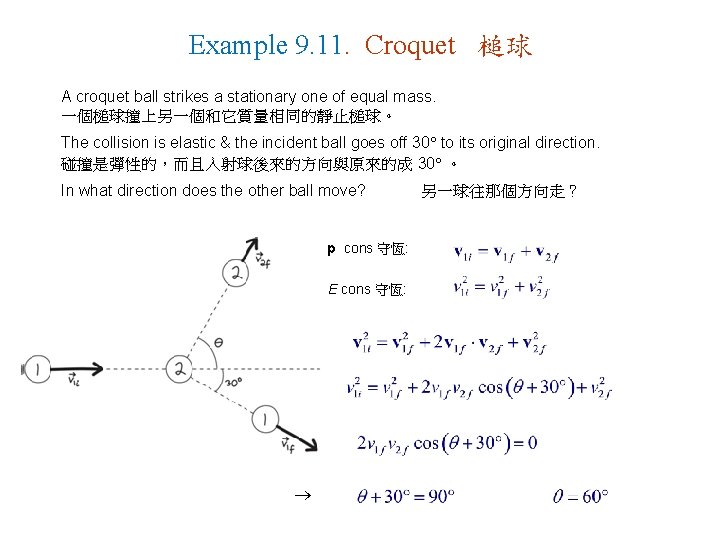 Example 9. 11. Croquet 槌球 A croquet ball strikes a stationary one of equal