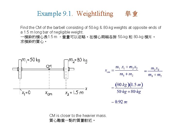 Example 9. 1. Weightlifting 舉重 Find the CM of the barbell consisting of 50