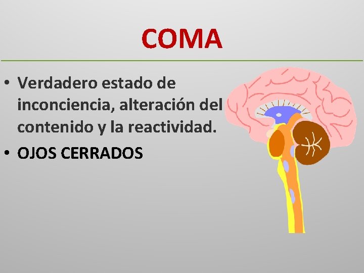 COMA • Verdadero estado de inconciencia, alteración del contenido y la reactividad. • OJOS