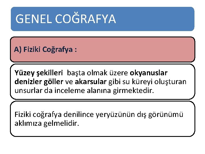 GENEL COĞRAFYA A) Fiziki Coğrafya : Yüzey şekilleri başta olmak üzere okyanuslar denizler göller