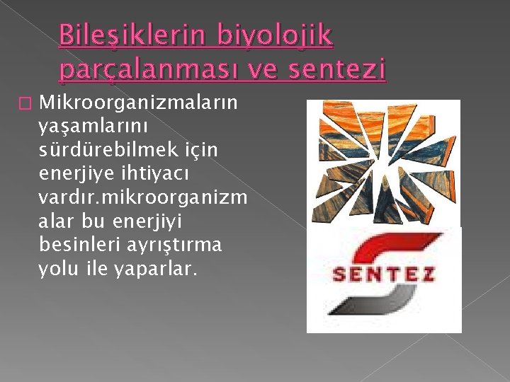 Bileşiklerin biyolojik parçalanması ve sentezi � Mikroorganizmaların yaşamlarını sürdürebilmek için enerjiye ihtiyacı vardır. mikroorganizm