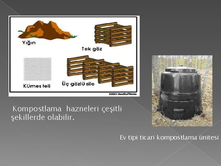 Kompostlama hazneleri çeşitli şekillerde olabilir. Ev tipi ticari kompostlama ünitesi Kompostlama hazneleri çeşitli şekillerde olabilir. Ev tipi ticari kompostlama ünitesi